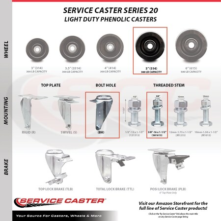 Service Caster 5 Inch Phenolic Wheel Swivel 3/8 Inch Threaded Stem Caster Set SCC-TS20S514-PHS-381615-4